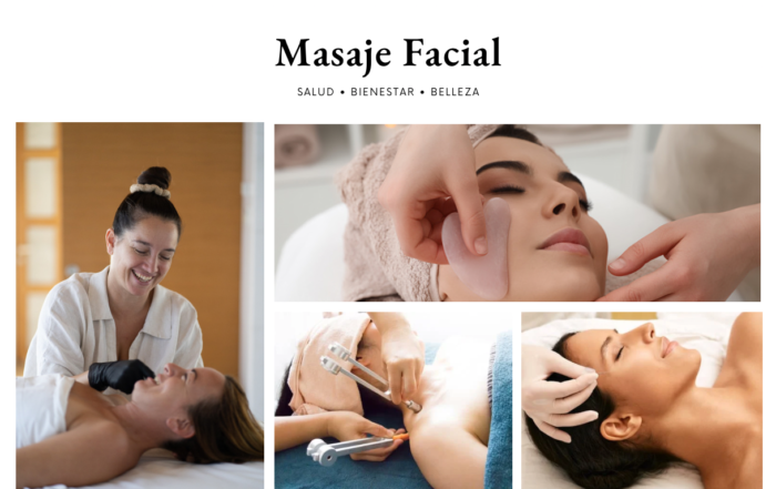 Se muestran imágenes de masaje facial con gua sha , acupuntura, diapasón y masaje intraoral