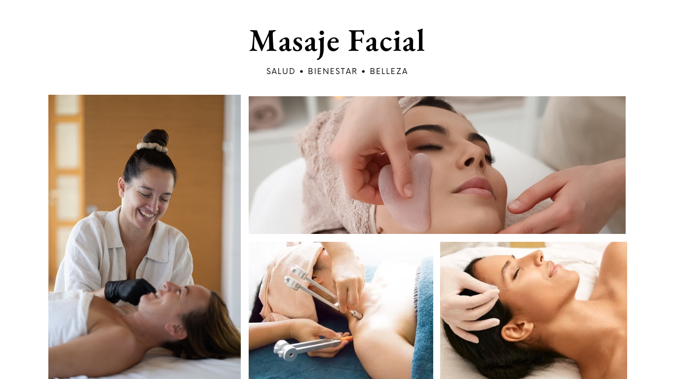 Se muestran imágenes de masaje facial con gua sha , acupuntura, diapasón y masaje intraoral